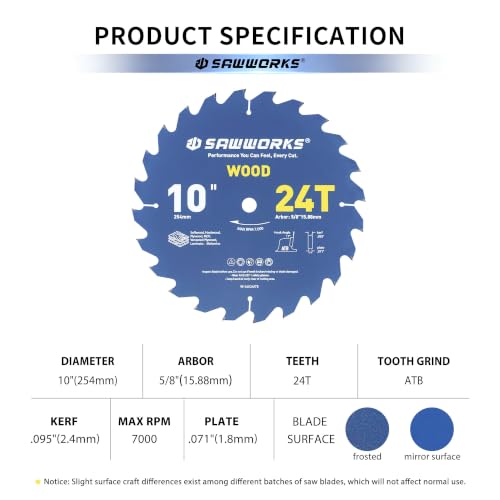 SawWorks 10" 24T Thin Kerf Circular Saw Blade for Wood Ripping Framing - size: 10 In 24T
