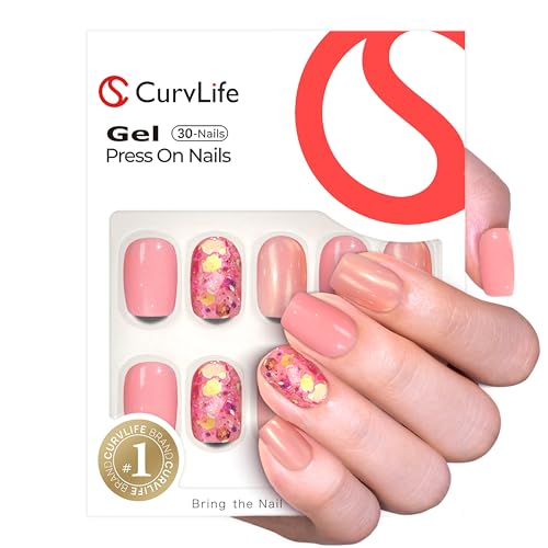 CurvLife Short Glitter Press On Nails, Shimmery Peach Pink, Soft Gel - color: Shimmery Peach Nails