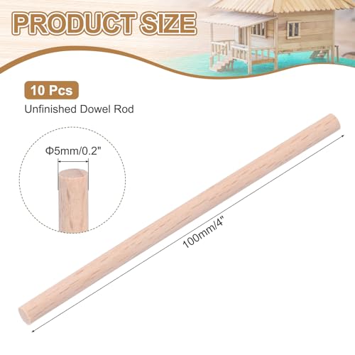MECCANIXITY Pack of 10 Wooden Dowel Rods 5mm 1/4x4 Round Wooden Rod - size: (5mm)1/4 x 4 Inch