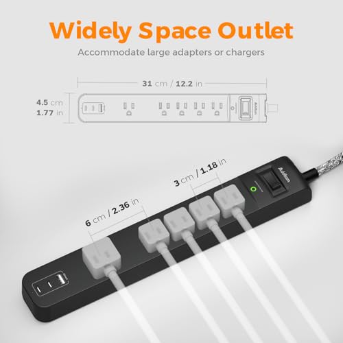 2 Pack Power Strip Surge Protector - 5 Widely Spaced Outlets 3 USB, 6Ft - color: Black & Dark Gray, size: 6 FT
