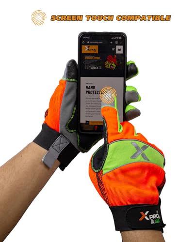 XPRO® 24TSHV Utility Work Gloves, Reflective back glows in dark, Touch Screen, Orange Hi Vis Gloves Flexible Spandex Back - size: X-Large, style: 1 Pair Pack