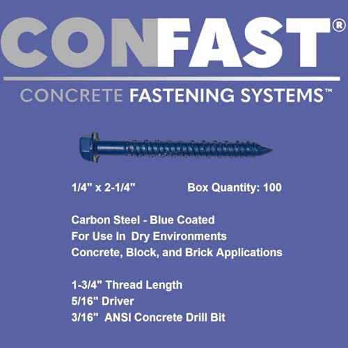 CONFAST 1/4" x 2-1/4" Hex Head Concrete Screw Anchor with Drill Bit for Anchoring to Masonry, Block or Brick (100 per Box) - size: 1/4" x 2-1/4"