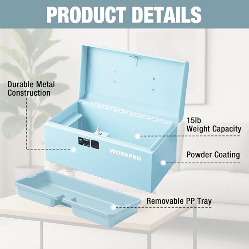 WORKPRO 10.8" Mini Metal Tool Box with Removable Tray - color: Macaron Blue