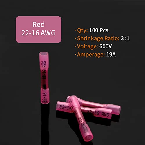 22-16 AWG Heat Shrink Butt Connectors - 100Pcs Red Crimp Waterproof Electrical Cable Wire Connector Speaker Automotive Marine Grade Wire Crimp Terminals Insulated Butt Splices - size: AWG 22-16