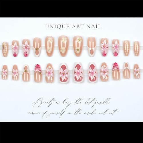 3D Pink FlowerFrench Tip Press on Nails Medium Almond Fake Nails with Flower Designs, Glossy Finished Reusable False Nails with Adhesive Glue Tabs - 24Pcs Nail Kit for Women Manicure - color: pink flower
