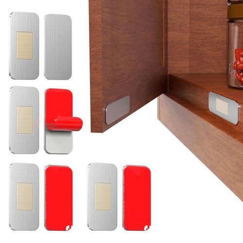 PHIXBEAR No Drill Magnetic Cabinet Door Catch with Adhesive – Stainless Steel, Strong Hold Child Safety Lock for Kitchen Cabinets, Bathroom, RV – Drawer Magnets 1.57” x 0.79” 4 Pack - color: Silvery
