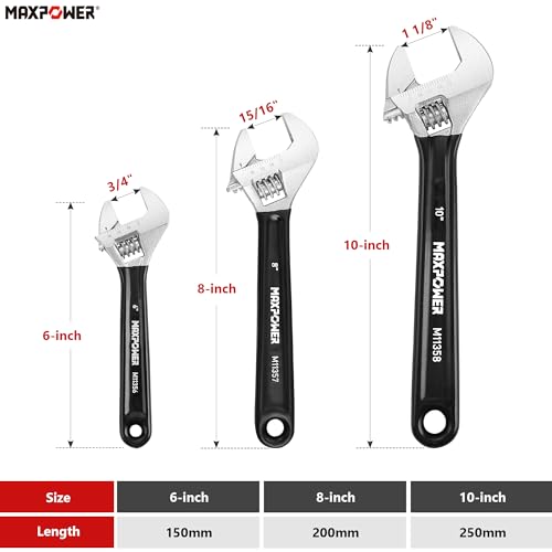 MAXPOWER Adjustable Wrench Set, 3-Piece Adjustable Wrenches 6-inch, 8-inch, 10-inch, Metric & SAE Scales, Extra-Wide Jaw and Soft Grip Wrench Set - size: 6" 8" 10"