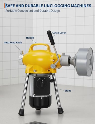 500W 400 RPM Auto Feed Electric Drain Cleaner Machine (66FT x 5/8" + 16FT x 3/8", Yellow and Sliver) - color: Yellow and Sliver
