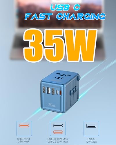 Universal Travel Adapter, 35W PD Fast Charging, 5 USB C/A Ports - color: PD35W-3A2C-metallic blue
