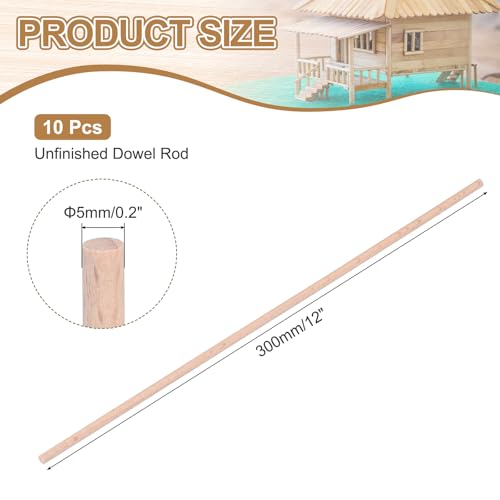 MECCANIXITY Pack of 10 Wooden Dowel Rods 5mm 1/4x12 Round Wooden Rod - size: (5mm)1/4 x 12 Inch