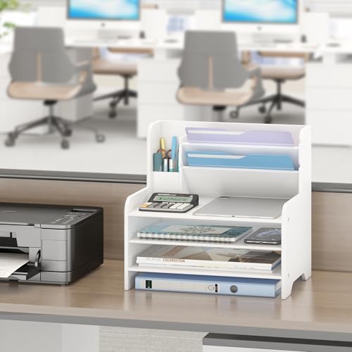 Bamboo File Organizer for Desk, Paper Tray with Pen Holder-White - color: White, size: 6 Tier