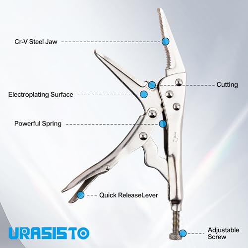 URASISTO 9-Inch Long Nose Locking Pliers, Premium Cr-V Construction, Long Nose Pliers with Wire Cutter for Easy Access to Hard to Reach Areas