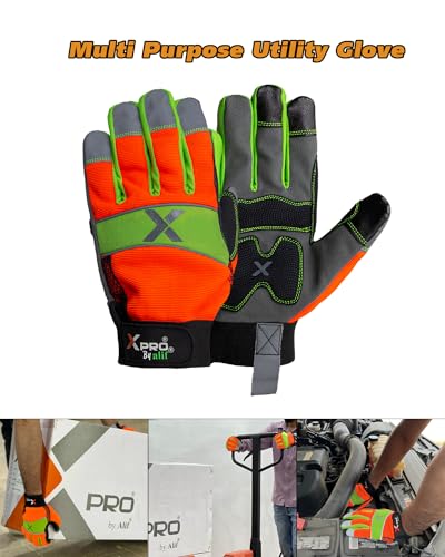 XPRO® 24TSHV Utility Work Gloves, Reflective back glows in dark, Touch Screen, Orange Hi Vis Gloves Flexible Spandex Back - size: X-Large, style: 1 Pair Pack