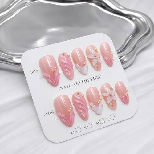 24Pcs Press on Nails Almond - Medium French Tip 3d Fake Nails with Embossed Flower Designs, Glossy Finish Reusable False Nails with Glue Tabs - 24Pcs Nail Kit (pink french tip flower) - color: pink french tip flower