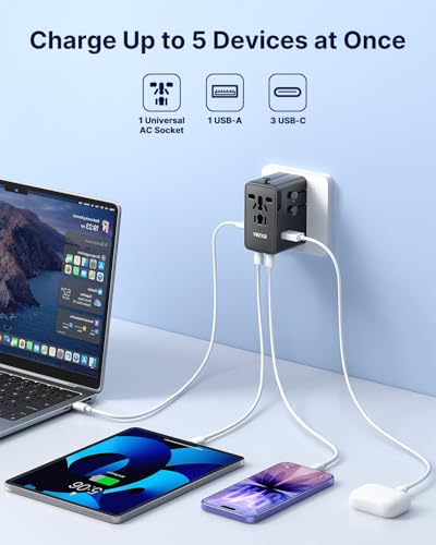 VINTAR Universal Travel Adapter 70W GaN, 5-in-1 with 3USB-C PD & 1USB-A QC - color: 70W Black1