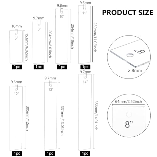 BENECREAT 7PCS Acrylic Ribbon Rulers, 6 8 10 11 12 13 14 Inch Rectangle Quilting Rulers Ribbon Tail Measuring Tool for DIY Tailor Craft Tool Drawing Measuring Supplies