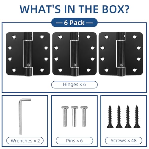 6 Pack Self Closing Door Hinges, 4 Inch Spring Loaded Hinges Adjustable Tension Spring Hinges with 1/4'' Radius Corners, Heavy-Duty Door Hardware for Commercial and Residential Doors, Matte Black