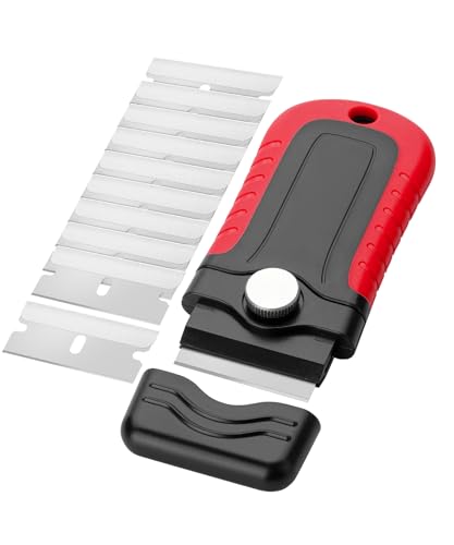 Bates- Razor Blade Scraper, Red, Locking Razor Scraper Set with 10 Extra Stainless Steel Blades, Window Scraper, Scraper Tool, Glass Scraper, Scraper Blades, Paint Scraper Blade Scraper for Cleaning - color: Red