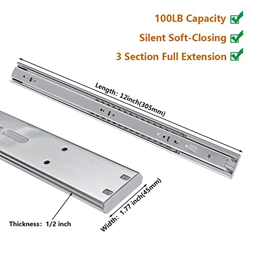 LONTAN 1 Pair Soft Close Drawer Slides 12 Inch Heavy Duty Cabinet Rails - color: Silver-Soft Close, size: 12 Inch - Drawer Slide