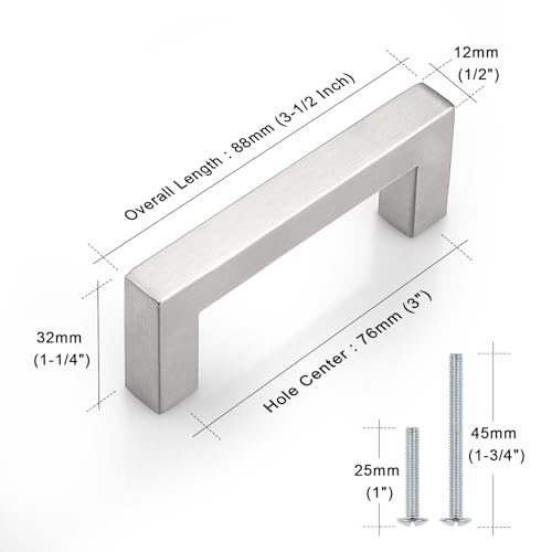 Probrico 3 inch Hole Centers Cabinet Pulls 10 Pack, Brushed Nickel Drawer Handles Kitchen Cabinet Handles Modern Suqare Bar Pulls Stainless Steel Cabinet Hardware for Dresser Bathroom Bedroom - color: Brushed Nickel, size: hole center 3"