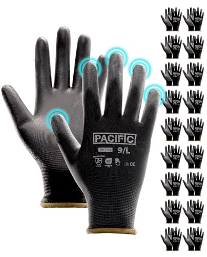 PACIFIC PPE PU Coated Grip Work Gloves, Touchscreen, Seamless Knit, Large - color: Black (18 Pairs), size: Large(Fits like M)
