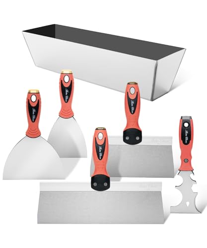 Bates- Drywall Hand Tool Kit, 6pcs, 3" 4" 6" 8" 12", Stainless Steel Drywall Tool with Metal Hammer End, Putty Knife Set, Taping Knives, 12.5" Mud Pan for Joint Taping, Finishing and Patching - color: Orange