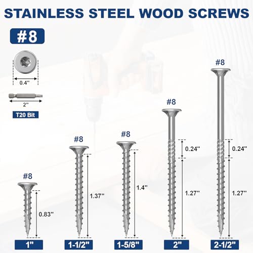 #8 x 1.5 Stainless Steel Deck Screws, 350Pcs 410 Grade Stainless Steel - size: #8 × 1-1/2"
