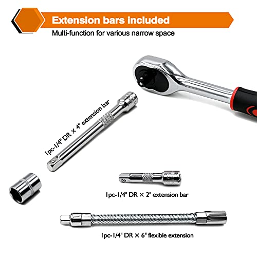 Egofine 46 Pieces 1/4 inch Drive Socket Ratchet Wrench Set, with Bit Socket Set Metric and Extension Bar for Auto Repairing and Household, with Storage Case - style: 1/4" 46 PCS
