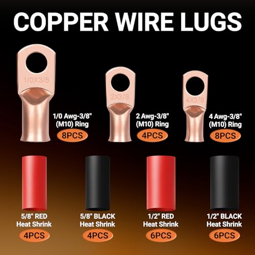 40 pcs Battery Cable Ends Kit Copper Lugs AWG 1/0 AWG 4 AWG 2