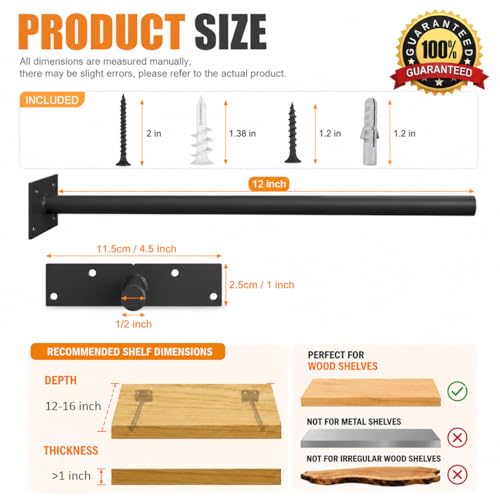 Floating Shelf Brackets, 12 inch Hidden Shelf Brackets Heavy Duty Blind Shelf Support, 200LBS Load Capacity, 6 Pack Floating Shelf Hardware for DIY Wood Wall Floating Shelves - size: 12 Inch