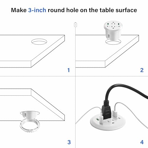 Desktop Power Grommet,GaN 65W USB C Fast Charging Station,2 AC Outlets,4 USB Ports in to the Top,Flush Mount Power Grommet 3'' Hole,Countertop Recessed Outlet White - color: White, size: 1 Pack