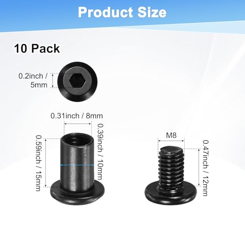 M METERXITY 10-Pack Hex Drive Socket Cap Bolt, M8 x 12mm Carbon Steel Furniture Connector Bolts Barrel Nuts for Furniture Assembly/Cabinet/DIY Binding Post Screws Rivet Fasteners [Black] - size: M8 x 12mm