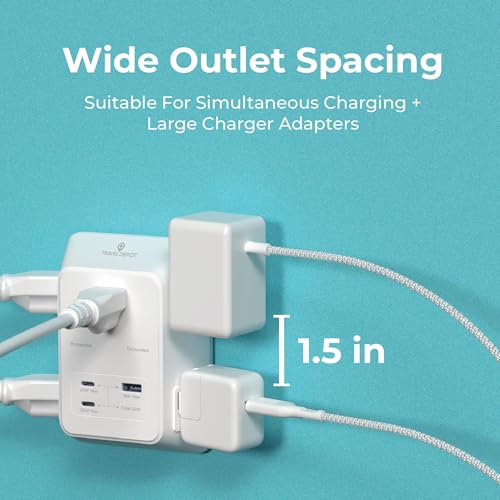 Travel Depot 5-Outlet Wall Outlet Extender with Surge Protector, (White) | 2 USB-C PD & 1 USB-A Charging Ports, 32W Fast Charging, Multi Plug Wall Adapter, 3-Sided Design for Home & Office - color: White