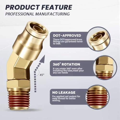 45° Swivel Elbow Push-to-Connect Fittings, 5PCS Brass C36000 Male Elbow Connectors for Nylon Tubing in Pneumatic Systems (3/8"OD x 1/2" NPT) - size: 3/8"OD x 1/2" NPT