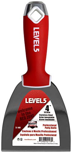 4" Soft-Grip Stainless Steel Drywall Joint Knife - LEVEL5 | Pro-Grade | Comfortable Finishing Hand Tool | Metal Hammer End | Sheetrock Gyprock Plasterboard Mud | 5-140 - size: 4"