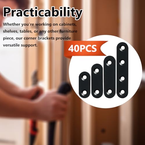 QSJ 40 Pack Black Corner Braces Flat Bracket Set 1.42/1.81/2.2/3inch Stainless Steel Metal Plate for Wood - size: 40Pcs Bracket Set (Strip-1.42/1.81/2.2/3'')