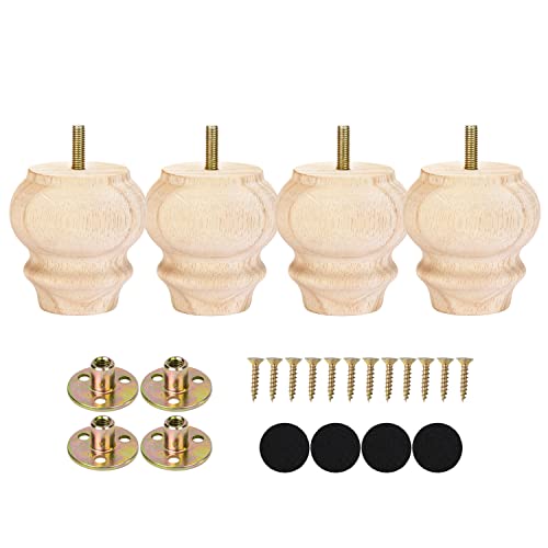 Maricome 3 Inch Unfinhsed Bun Feet Predrilled M8 Bolt Replacement Legs Couch Ottoman Sofa Wood Furniture Legs Set of 4 Screw in - color: 3 Inch Unfinished