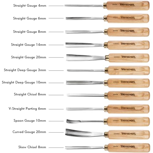 12-Piece Wood Carving Chisel Tools Set, Sharp CR-V Steel Blades - size: 12-Piece with Ash Handle