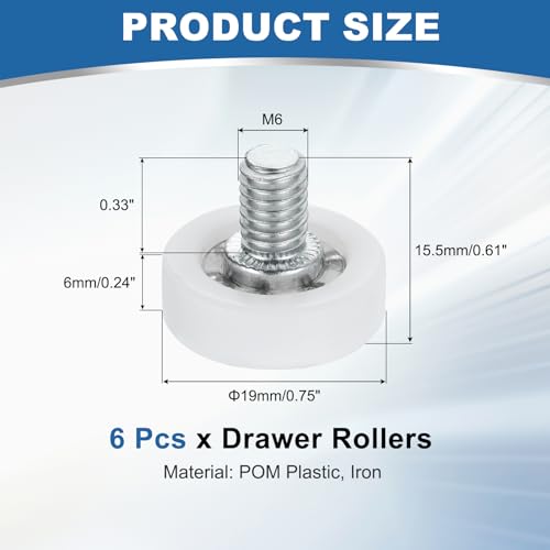 uxcell 6Pcs 19mm Drawer Rollers,M6x0.33 Thread Plastic Positioning Pulley | Flat Surface Small Drawer Pulley Bearing Replacement Wheel for Furniture Parts Cabinet Cupboard Slides - size: 19mm M6 x 0.33"