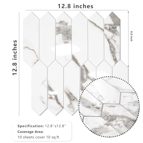 Vamos Tile Glossy White Marble with Gold Veining Backsplash Tile Peel and Stick, 12.8 x 12.8 Inch 10 Sheets Long Hexagon PVC Self Adhesive Mosaic Tiles Stick on Backsplash for Kitchen and Bathroom - color: White Marble with Gold Veining