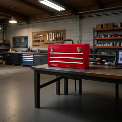 3 Drawer 20“ Metal Tool Box Portable Steel Tool Chest with Metal Latch Closure for Garage, Home and Workbench, Red - size: 20Inch-RED