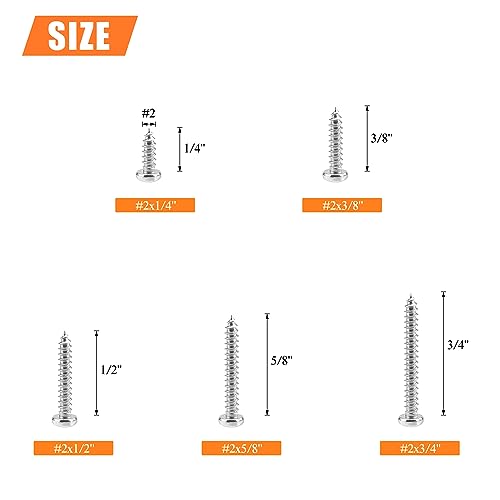 #2 x 1/4" 3/8" 1/2" 5/8" 3/4" Wood Screws Set, HELIFOUNER 250 Pieces Phillips Pan Head Self-Tapping Screws Assortment Kit, Phillips Pan Head Wood Screws, 304 Stainless Steel - size: #2