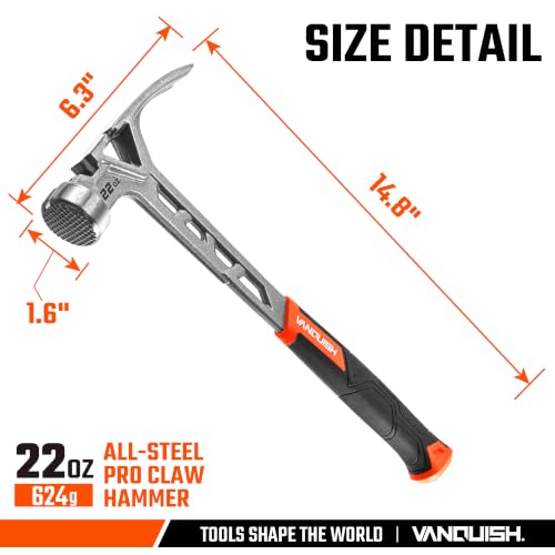 VANQUISH Framing Hammer 22oz One Piece Forged Straight Claw Hammer with Milled Face & Shock Reduction Grip, Claw Hammer with Magnetic Nail Holder Side Nail Puller, 0630-M - size: 22oz Milled Face