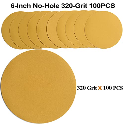 6-Inch No-Hole Hook and Loop Gold Sanding Discs 320-Grit, 100-Pack - size: 320 Grit