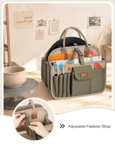 Pottery Tool Organizer Bag, Art Supply Studio Bag, Clay Tool Storage Caddy - color: Khaki+Green