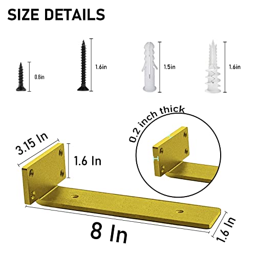 Premium Heavy Duty Shelf Brackets – 0.2In Thick Gold L Shape Shelf Bracket, Hidden Steel Brackets for Shelves - 8 Inch Heavy Duty Floating Shelf Hardware (6Pcs) - color: Gold, size: 8 Inch