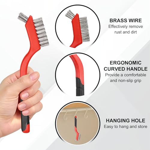 HARFINGTON 6pcs Wire Brushes Stainless Steel Cleaning Brushes with Curved Handle Dual Head for Cleaning Scrubbing Rust Dirt Paint Removal, Red - color: Red