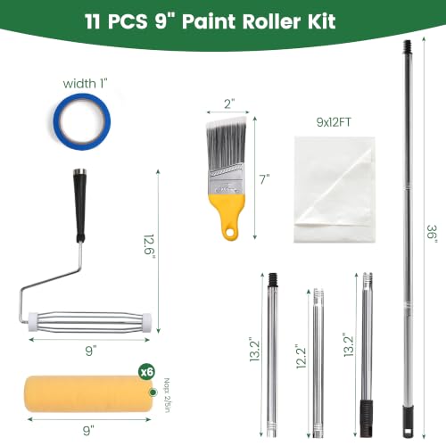 Voomey 11pcs 9 in House Paint Roller Kit with Extendable Frame for Walls