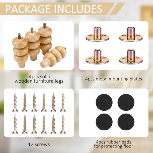4 Inch Wood Furniture Legs Set of 4 Rubber Wood Couch Legs Round Furniture Replacement Mid Century Bun Feet for Desk Dresser Sofa Cabinet Ottoman Chair and Bed - color: Natural, size: 4 Inch