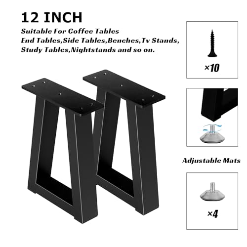 12 Inch Trapezoid Metal Table Legs, DIY Furniture Legs for Coffee Table, Bench Stool Feets Cabinet Chairs Feet Set of 2, Including Screws and Adjustable Feet Pads, Black - size: 12 '' Trapezoid
